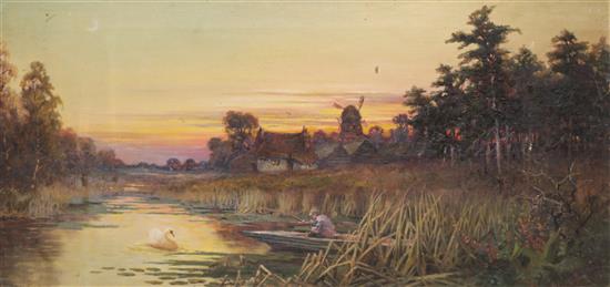 Two oils on canvas, The Valley Farm and Sunset on the Norfolk Broads, signed Langdale and dated 94 (a.f), 30 x 61cm, unframed